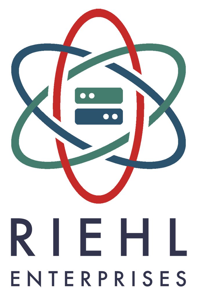 logo for Riehl Enterprises LLC, a web & software development & consulting business.  It's vector drawing of a bunch of rings like a model of the atom, with two server boxes in the middle.
